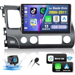 2+64G Android 13 Car Stereo for Honda Civic 2006-2011 ، 10.1 "Screen Screen GPS Favigation ، Wireless Apple Carplay Android Auto with Hi-Fi Audio Bluetooth ، FM ، WiFi ، USB+AHD Camera Camera MIC