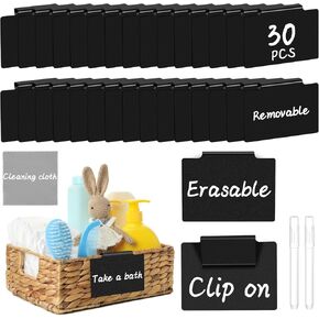 33PCS Basket Labels Clip On, 30 Labels for Storage Bins Removable With 2 Chalk Markers & 1 Wipe, Kitchen Pantry Labels, Plastic Storage Bin Labels, Label Holder, Basket Tags, Bin Clips (White)