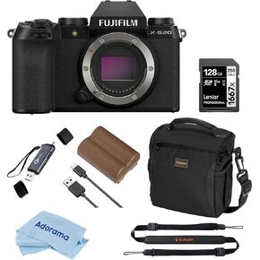 Fujifilm X-S20 Mirrorless Camera, Black, Bundle with 128GB Memory Card and Li-Ion Battery, OTG Card Reader and Shoulder Bag