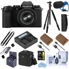 Fujifilm X-S20 Mirrorless Camera with XC 15-45mm f/3.5-5.6 OIS PZ Lens, Black, Bundle with 2X Battery, Tripod, Shotgun Microphone, 52mm Filter Kit and Backpack