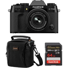 Fujifilm X-T50 Mirrorless Camera, Black with XC 15-45mm f/3.5-5.6 OIS PZ Lens, Bundle with 64GB SDXC Memory Card, Alpine 120 Shoulder Bag
