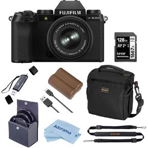 Fujifilm X-S20 Mirrorless Camera with XC 15-45mm f/3.5-5.6 OIS PZ Lens, Black, Bundle with 128GB Memory Card and Li-Ion Battery, 52mm Filter Kit and Shoulder Bag