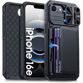 for iPhone 16e Case with Card Holder (4-5 Cards) [Slide Camera Cover] [RFID Blocking] Shockproof Rugged Back Silicone Wallet Phone Case for iPhone 16e 6.1 inches, Black