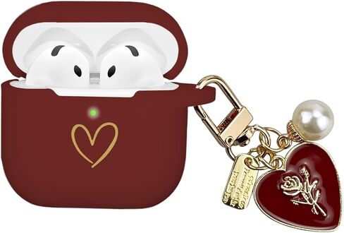 Compatible with AirPods 4 Case Cover 2024, Soft Silicone Case with Gold Heart Pattern for AirPods 4th Generation Case with Cute Pendant Keychain for Girls Women (Burgundy) in Kuwait