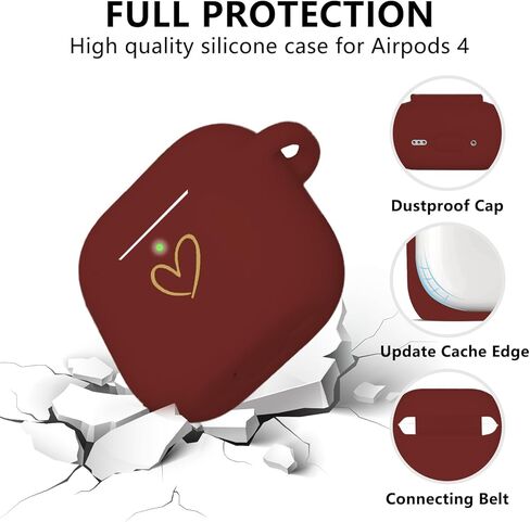 Compatible with AirPods 4 Case Cover 2024, Soft Silicone Case with Gold Heart Pattern for AirPods 4th Generation Case with Cute Pendant Keychain for Girls Women (Burgundy) in Kuwait