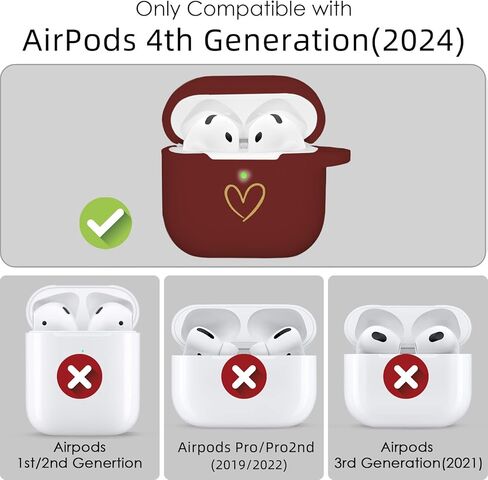Compatible with AirPods 4 Case Cover 2024, Soft Silicone Case with Gold Heart Pattern for AirPods 4th Generation Case with Cute Pendant Keychain for Girls Women (Burgundy) in Kuwait