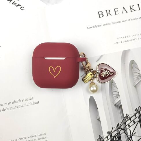 Compatible with AirPods 4 Case Cover 2024, Soft Silicone Case with Gold Heart Pattern for AirPods 4th Generation Case with Cute Pendant Keychain for Girls Women (Burgundy) in Kuwait