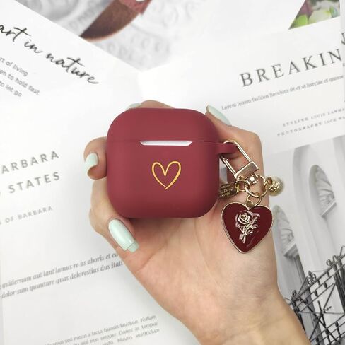 Compatible with AirPods 4 Case Cover 2024, Soft Silicone Case with Gold Heart Pattern for AirPods 4th Generation Case with Cute Pendant Keychain for Girls Women (Burgundy) in Kuwait