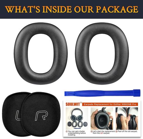 SOULWIT Professional Replacement Ear Pads for Edifier W860NB Pro, WH950NB ANC Headphones(Do Not Fit W860NB), Earpads Cushions with Soft Protein Leather, High-Density Noise Isolation Foam - Black in Kuwait
