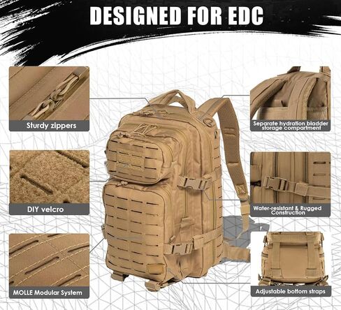 Military Tactical Backpack for Men 35L Small Molle System Water Resistant 3 Day Survival Assault Pack for Bug Out Bag Rucksack Travel Hiking Camping Gym Range Trekking Hunting Sport Work (Black) in Kuwait