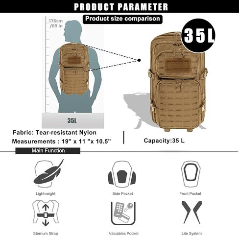 Military Tactical Backpack for Men 35L Small Molle System Water Resistant 3 Day Survival Assault Pack for Bug Out Bag Rucksack Travel Hiking Camping Gym Range Trekking Hunting Sport Work (Black) in Kuwait