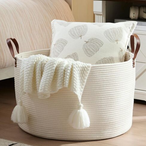 Extra Large Nursery Storage Basket, 22 x 22 x 14 inches - 100% Cotton Rope Baskets with Handles, Laundry Basket for Toys, Blankets & Pillows - Off White with Leather Handles in Saudi Arabia
