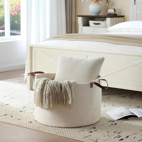 Extra Large Nursery Storage Basket, 22 x 22 x 14 inches - 100% Cotton Rope Baskets with Handles, Laundry Basket for Toys, Blankets & Pillows - Off White with Leather Handles in Saudi Arabia