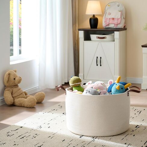 Extra Large Nursery Storage Basket, 22 x 22 x 14 inches - 100% Cotton Rope Baskets with Handles, Laundry Basket for Toys, Blankets & Pillows - Off White with Leather Handles in Saudi Arabia