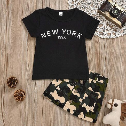 Toddler Baby Girls Camouflage Outfit Black Letter Tops T-Shirt + Skirt Dress Shorts Summer Two Piece Clothes Set in Saudi Arabia