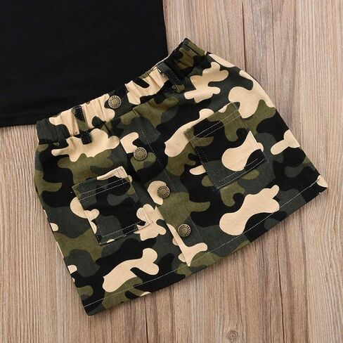 Toddler Baby Girls Camouflage Outfit Black Letter Tops T-Shirt + Skirt Dress Shorts Summer Two Piece Clothes Set in Saudi Arabia