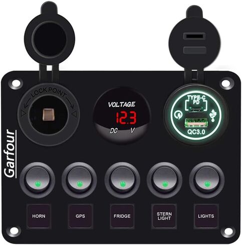 5 Gang Switch Panel 12 Volt ON-Off Switch Panel Blue LED with Inline Fuse QC 3.0 USB and Type-C Charger Socket Digital Voltmeter 12V Cigarette Lighter Socket for Marine Boat Car in Saudi Arabia