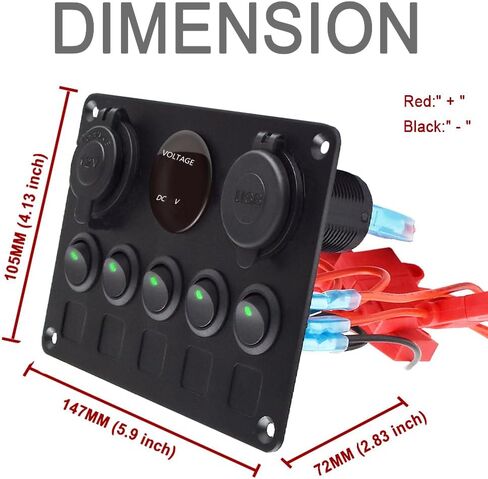 5 Gang Switch Panel 12 Volt ON-Off Switch Panel Blue LED with Inline Fuse QC 3.0 USB and Type-C Charger Socket Digital Voltmeter 12V Cigarette Lighter Socket for Marine Boat Car in Saudi Arabia