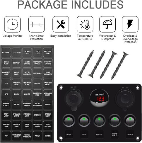 5 Gang Switch Panel 12 Volt ON-Off Switch Panel Blue LED with Inline Fuse QC 3.0 USB and Type-C Charger Socket Digital Voltmeter 12V Cigarette Lighter Socket for Marine Boat Car in Saudi Arabia