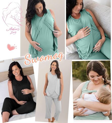 SWOMOG Women Maternity Pajama Set Nursing Pjs Double Layer Sleeveless Top Capri Pregnancy Set Breastfeeding Pjs with Pockets in Saudi Arabia
