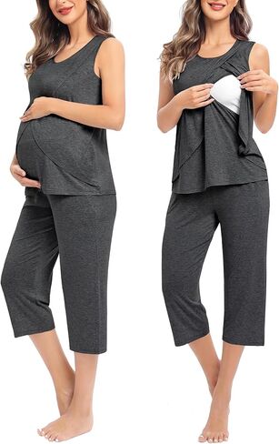 SWOMOG Women Maternity Pajama Set Nursing Pjs Double Layer Sleeveless Top Capri Pregnancy Set Breastfeeding Pjs with Pockets in Saudi Arabia