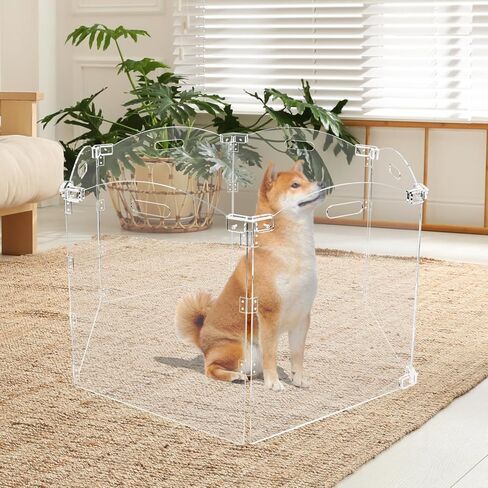 Acrylic Dog Gate for The House 6 Panel 120" W x 24" H Foldable Dog Playpen Indoor with Handles, Free-Standing Pet Gates Clear Dog Pen for Dogs Puppy Cat Rabbit Accessories with Door in Saudi Arabia