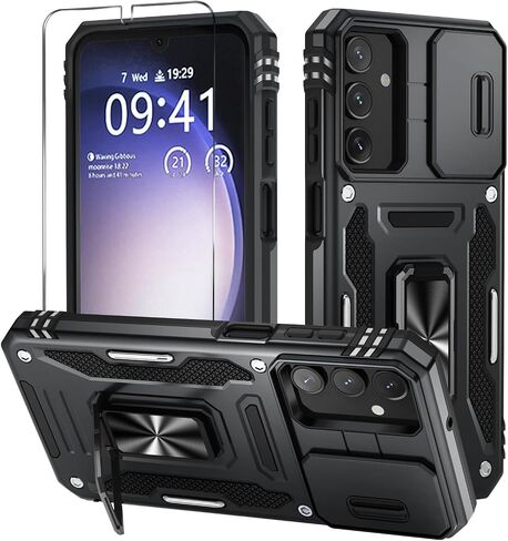 WRJ Case for Samsung Galaxy A16 5G with Slide Camera Cover and Screen Protector, Military Grade Protection [Rotated Ring Kickstand] Heavy Duty Shockproof Protective Case-Black in Saudi Arabia