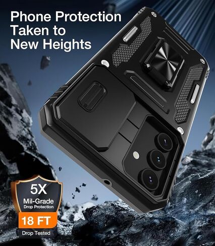 WRJ Case for Samsung Galaxy A16 5G with Slide Camera Cover and Screen Protector, Military Grade Protection [Rotated Ring Kickstand] Heavy Duty Shockproof Protective Case-Black in Saudi Arabia
