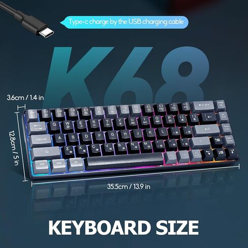 Wired Portable 60% Mechanical Feeling Gaming Keyboard,RGB LED Backlit Compact 68 Keys Mini Wired Office Keyboard for Windows Laptop PC Mac Gamer, Typist, Travel on Business Trip Black–Grey in Saudi Arabia