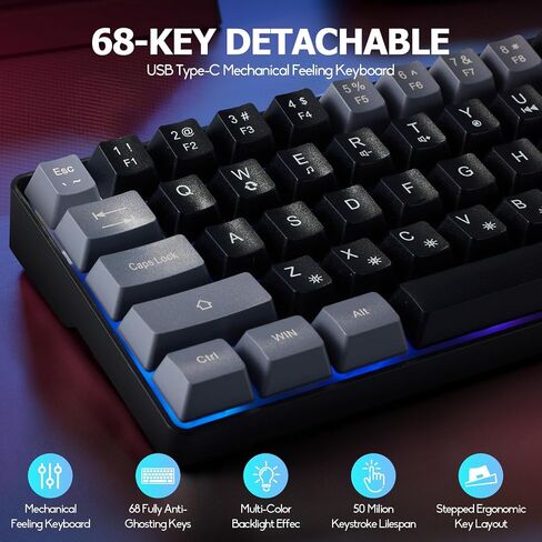 Wired Portable 60% Mechanical Feeling Gaming Keyboard,RGB LED Backlit Compact 68 Keys Mini Wired Office Keyboard for Windows Laptop PC Mac Gamer, Typist, Travel on Business Trip Black–Grey in Saudi Arabia