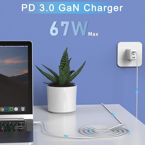 67W USB C Wall Charger, 3-Port GaN Fast Charger Block,Replacement for MacBook Pro/Air, iPad, iPhone 15/14/Pro, Galaxy, Pixel, Apple Watch and More in Kuwait