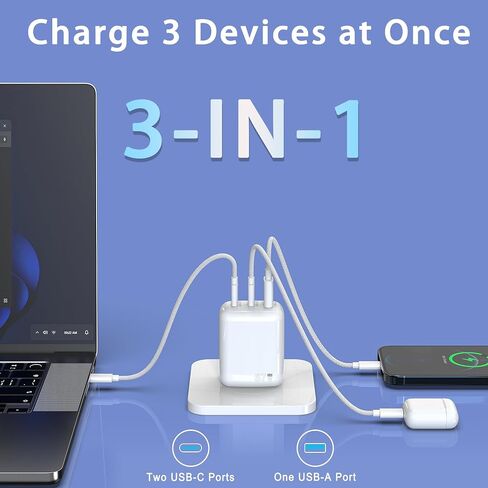 67W USB C Wall Charger, 3-Port GaN Fast Charger Block,Replacement for MacBook Pro/Air, iPad, iPhone 15/14/Pro, Galaxy, Pixel, Apple Watch and More in Kuwait