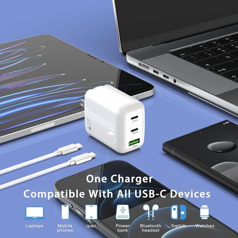 67W USB C Wall Charger, 3-Port GaN Fast Charger Block,Replacement for MacBook Pro/Air, iPad, iPhone 15/14/Pro, Galaxy, Pixel, Apple Watch and More in Kuwait