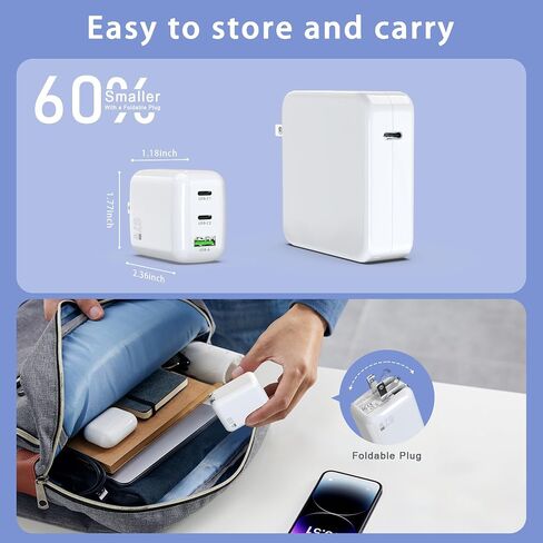67W USB C Wall Charger, 3-Port GaN Fast Charger Block,Replacement for MacBook Pro/Air, iPad, iPhone 15/14/Pro, Galaxy, Pixel, Apple Watch and More in Kuwait