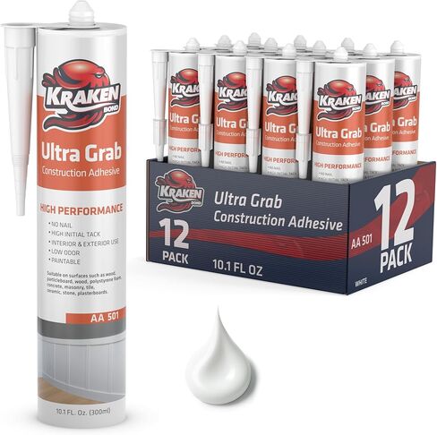 Kraken Bond White Heavy Duty Construction Adhesive - (2x10.1 fl. oz) Fast Cure Tile Adhesive for Professional & DIY Projects, Quick Grab for Wall Panels, Tile, Marble, Granite - 2 Pack in Kuwait