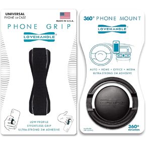 LOVEHANDLE Phone Holder and Phone Grip - Universal Grip and Car Mount for Smartphones and Mini Tablets with 360 Rotation Technology - Bundle Includes Black Grip and Mount