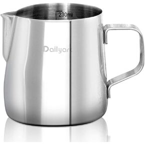 Dailyart Milk Frothing Pitcher 8.5OZ/250ml - 304 Stainless Steel Milk Frother Cup with Special Dripless Spout and Scale, Espresso Machine Accessories, Milk Steaming Pitcher for Cappuccino, Latte Art