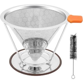 Pour Over Coffee Dripper, Paperless Pour Over Coffee Filter, Reusable Pour Over Coffee Maker Set, Dual-Layer Stainless Steel Cone Filter, Detachable Dripper Stand, Single Cup Brewer 1-2 Cup