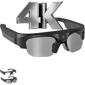 4K Camera Glasses, 2025 AI Smart Sunglasses with Camera, Video Glasses with UV Protection for Outdoor Activities & Travel, Sports & Action Video Cameras- Black&Transparent Lens Included