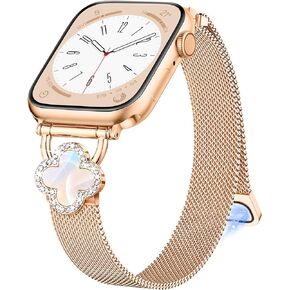 wipalor Thin Clover Magnetic Band for Apple Watch Bands for Women 42mm 41mm 40mm 38mm, Slim Cute Bling Sparkly Metal Milanese iWatch Bands for iPhone Watch Series 10 9 8 7 6 5 4 3 2 1 SE-Rose Gold
