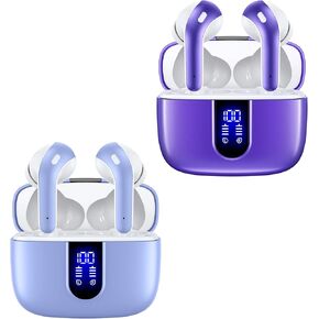 TAGRY 2 Sets X08 Purple and Phantom Purple Bluetooth Headphones True Wireless Earbuds 60H Playback Ear Buds with Wireless Charging Case in-Ear Earbuds with Mic