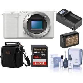 Sony ZV-E10 Mirrorless Camera, White, Bundle with 64GB Memory Card, Li-Ion Battery and Shoulder Bag