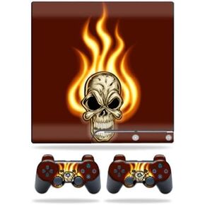 MightySkins Skin Compatible with Sony Playstation 3 PS3 Slim Skins + 2 Controller Skins Sticker Burning Skull