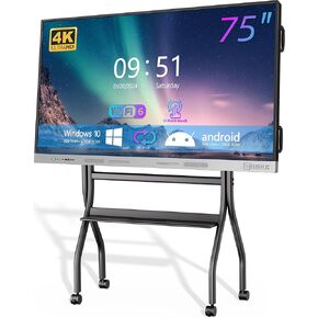 HKMLC 75 Inch Smart Board, 4K UHD Interactive Whiteboard Touchscreen Digital Whiteboard Built in Dual System, All-in-One Electronic Smart Board for Classroom and Business (Whiteboard+Stand)