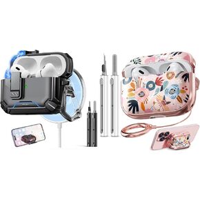 2 Pack for Airpods Pro 2nd/1st Generation Case Cover with Lock,AirPod Pro 2 Case Hard iPod Pro Case with Cleaner Kit for AirPod Pro Case (2023 USB-C/2022/2019) - Black+Pink