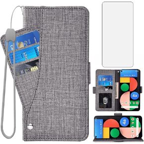 Asuwish Compatible with Google Pixel 4a 5G 6.2 Wallet Case Tempered Glass Screen Protector and Flip Cover Card Holder Stand Cell Phone Cases for Pixel4a5G UW Pixel4a 5G Pixle a4 G5 4a5G Women Men Gray