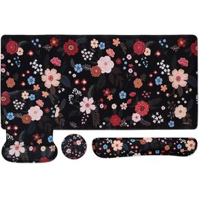 MOSISO Keyboard Mouse Pad Set, Wrist Rest Support for Keyboard Mouse&Large Desk Pad&Coaster, Vintage Bright Flowers Ergonomic Non-Slip Mousepad with Raised Memory Foam for Home Office, Black