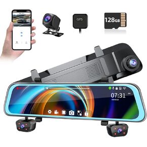 4 قناة مرآة داش كاميرا ، FHD 1080p الأمامية والخلفية 12 '' شاشة تعمل باللمس الكامل ، واي فاي مدمج ، GPS ، مراقبة وقوف السيارات ، الرؤية الليلية الأشعة تحت الحمراء واليمين داخل كاميرا السيارة