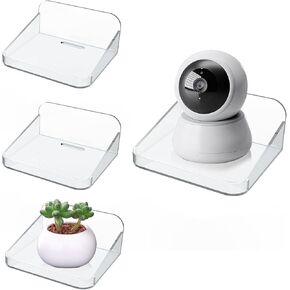 4 PCS Wall Mount Floating Camera Shelf, Baby Monitor Holder Punch-Free Wall Bracket Pet Monitor Camera Indoor, Clear Mini Self-Adhesive Shelf for Speaker and Succulents
