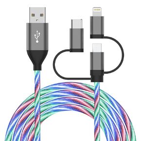 3FT Multi Charger Cable Light up 3 in 1 Charging Cable Multi USB Cable Fast Charging Cord with Type-C, Micro USB and IP Port, Compatible with Most Phones & iPads (Multicolored)